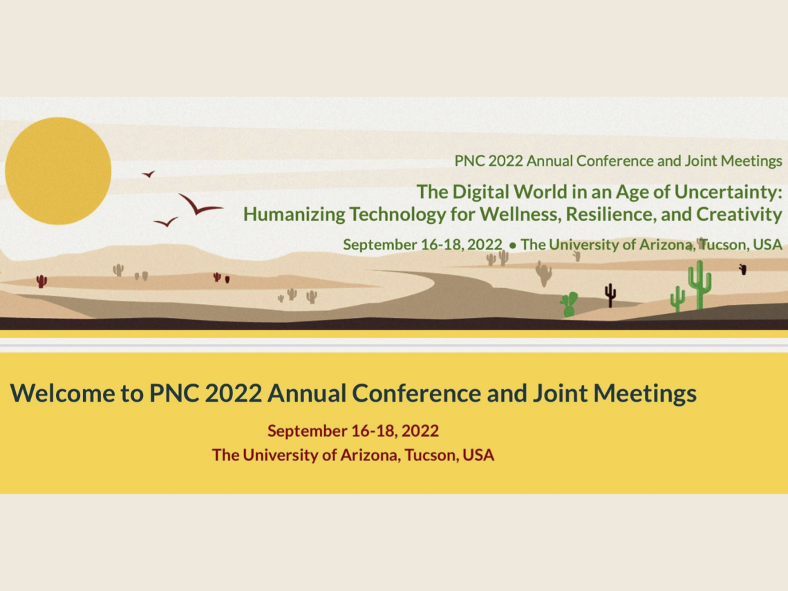 The Digital World in an Age of Uncertainty: Humanizing Technology for Wellness, Resilience, and Creativity graphic for PNC 2022 annual conference featuring a desert landscape